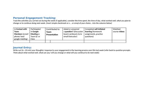 Journal Entry Template Personal Engagement Tracking Track The