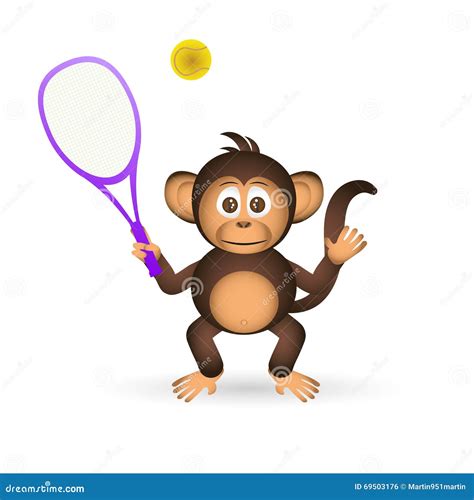 Cute Chimpanzee Playing Tennis Sport Little Monkey Stock Vector