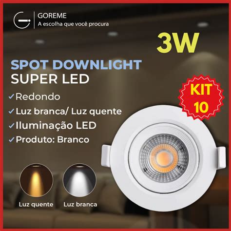 Kit 10 Luminária Spot Led Redondo Direcionável 3W Embutir Gesso Teto