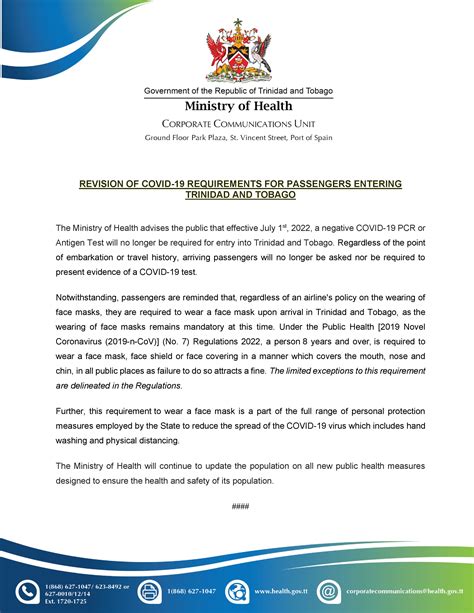 Revision of COVID-19 Requirements for Passengers Entering Trinidad and