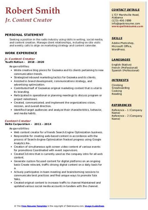 Content Creator Resume Sample