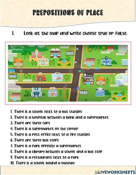 Prepositions Of Place Places In Town Worksheet Prepositions