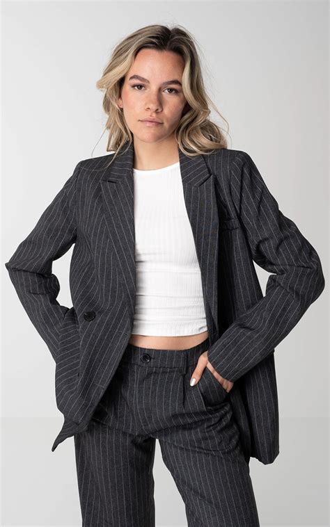 Blazer Met Dun Krijtstreepje Donkergrijs Lichtgrijs