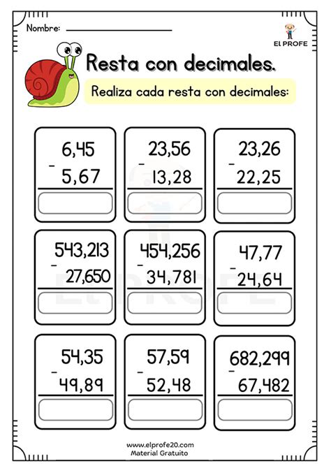 Fichas De Ejercicios De Resta Con Decimales