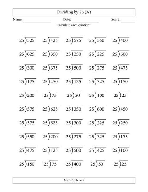 Division Facts By A Fixed Divisor 25 And Quotients From 1 To 25 With