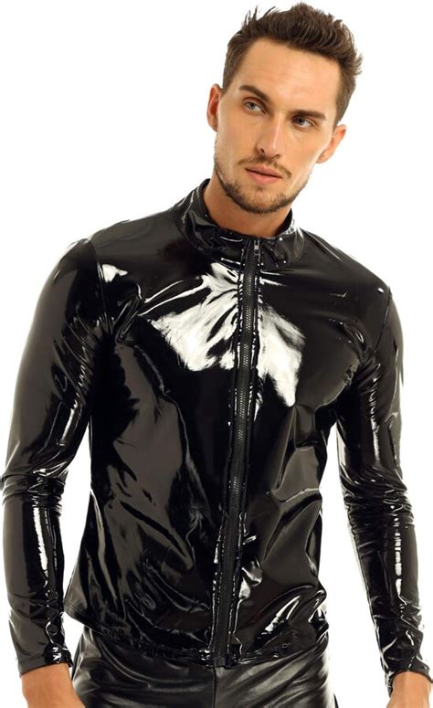 Agoky Men S Metallic Wetlook Pvc Leather Long Sleeve Zipper T Shirts