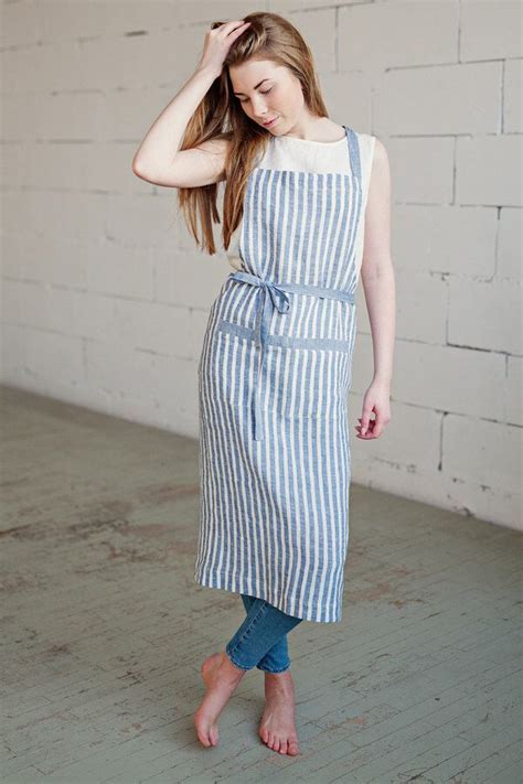 Etsy Linen Woman Apron In White And Blue Stripes Stone Washed Linen