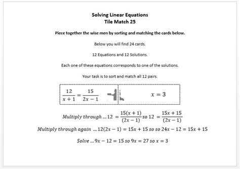 Ks4 Gcse Christmas Algebra Solving Linear Equations Tile Match 25