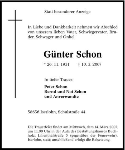 Traueranzeigen Von G Nter Schon Trauer In Nrw De