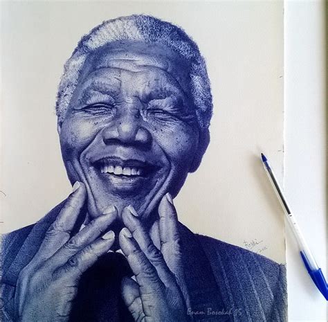 Portrait Drawing Of Nelson Mandela 2 Biro Art Ballpoint Pen Drawing