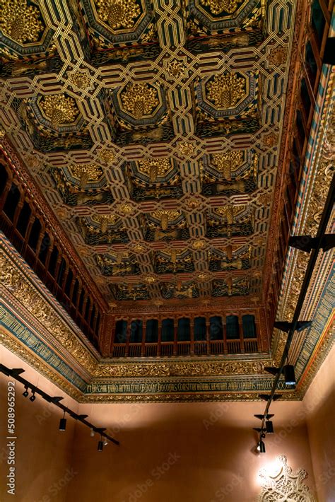 SPAIN, ZARAGOZA, APRIL 2021; decorated ceiling of the throne room in ...