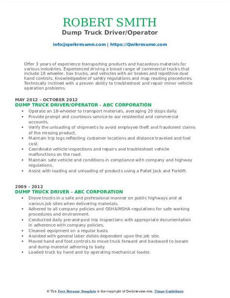 Dump Truck Driver Resume Samples Qwikresume