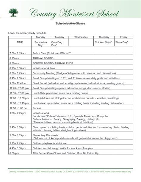 Lower Elementary Program Daily Schedule Country Montessori