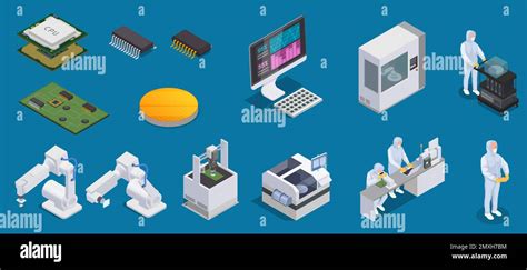 Semiconductor Chip Production Isometric Set With Isolated Icons Of