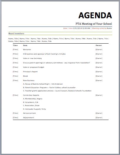 Pta Meeting Agenda Template Printable Meeting Agenda Templates