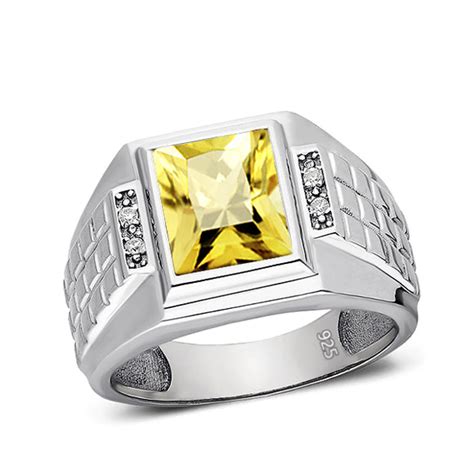 Citrine Ring For Men 4 Diamond Accents In Real 925 Solid Sterling