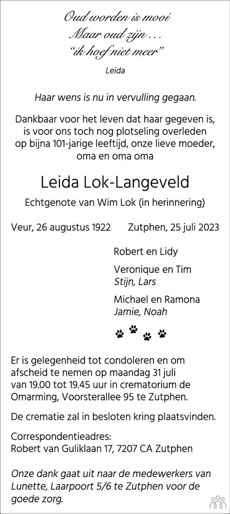 Leida Lok Langeveld 25 07 2023 Overlijdensbericht En Condoleances