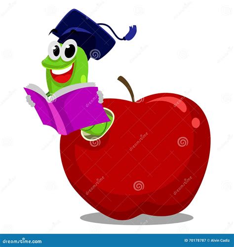 Worm Inside The Apple Reading Book Wearing Graduation Hat Stock Vector