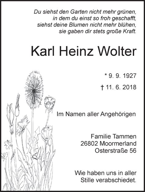 Traueranzeigen Von Karl Heinz Wolter Nordwest Trauer De