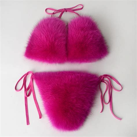 Hot Selling Sexy Girl Swim Suit Genuine Fullfy Fox Fur Thong Bikini