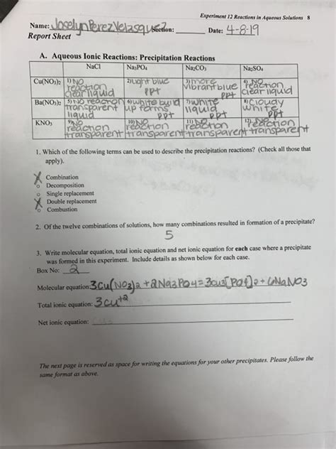 Reactions In Aqueous Solutions Experiment Lab Reports Chemistry