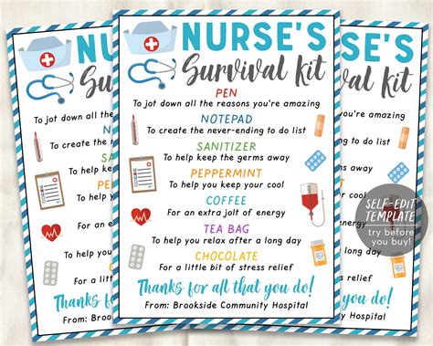 Nurse Survival Kit Gift Tags Editable Template Nurse Appreciation