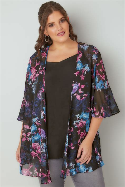 Black And Multi Dark Floral Chiffon Kimono With Flute Sleeves Plus Size 16 To 36