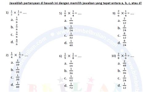 Soal Perkalian Pecahan Biasa Level 1 Dan Kunci Jawaban Bimbel Brilian