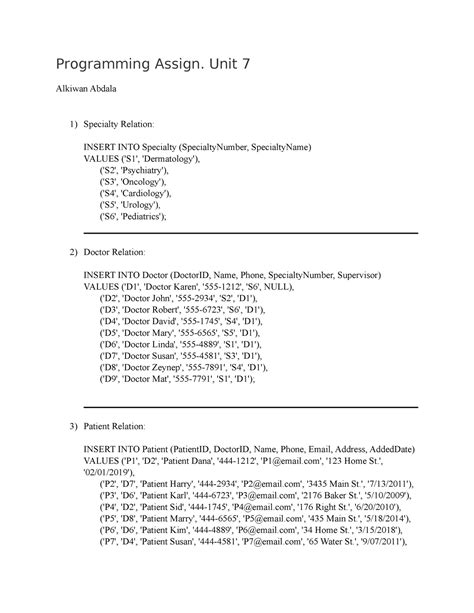 Programming Assign 7 Unit 7 Alkiwan Abdala 1 Specialty Relation