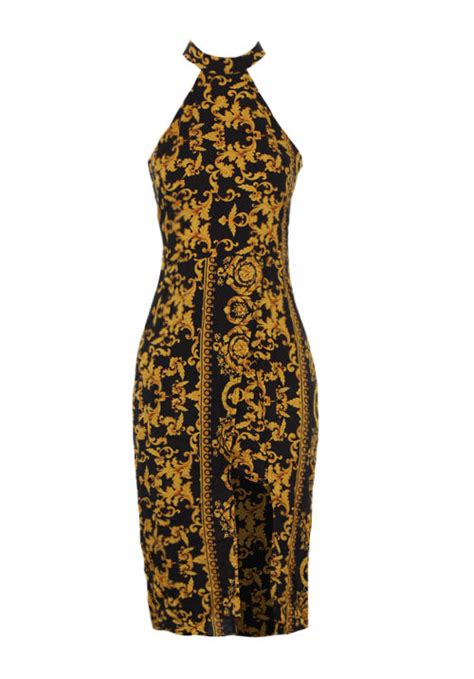 Black And Gold Patterned Midi Dress Ax Paris