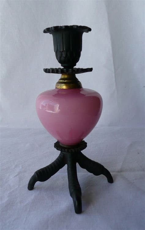 Antique Victorian Claw Candle Holder Pink Glass Center By Aldetha