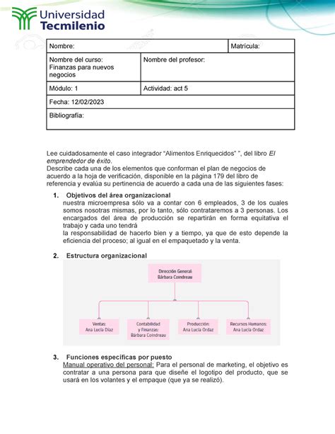 Act 5 finanzas par nuevos negocios Nombre Matrícula Nombre del