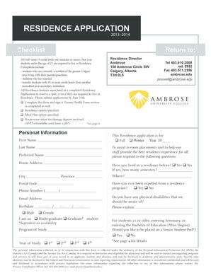 Fillable Online Residence Application Ambrose University College Fax