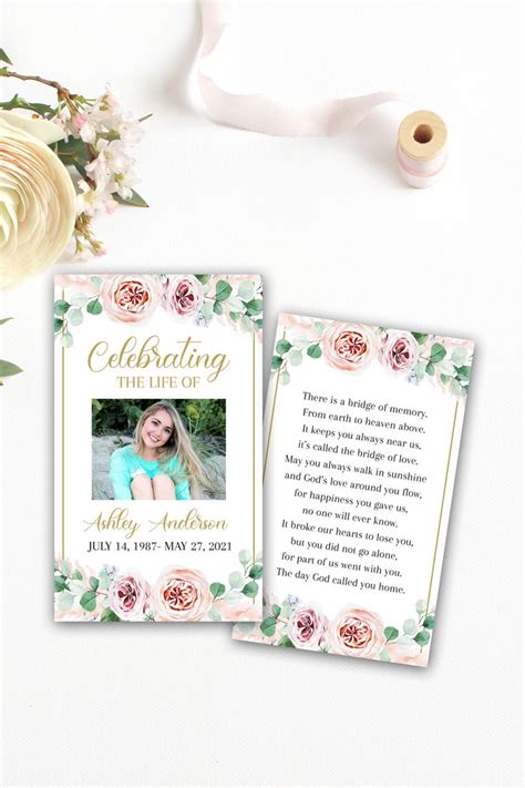 Editable Blush Pink Roses Greenery Funeral Prayer Card Printable Memorial Prayer Card Template