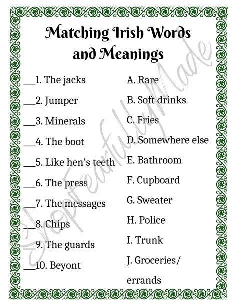 Irish Words and Phrases Matching Game - Etsy