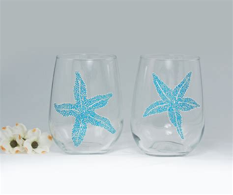 Starfish Wine Glasses Set Of 2 Hand Painted Stemless Glasses