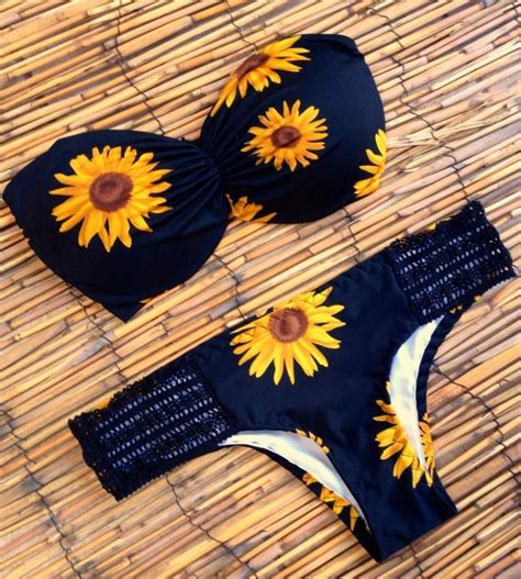 Sunflower Print Bandeau Bikini Sets Sunflower Bikini Bathing Suits