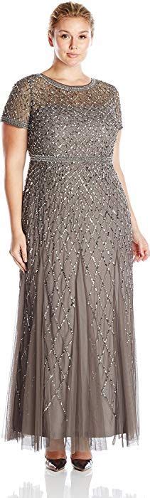 Adrianna Papell Womens Plus Size Cap Sleeve Fully Beaded Gown With