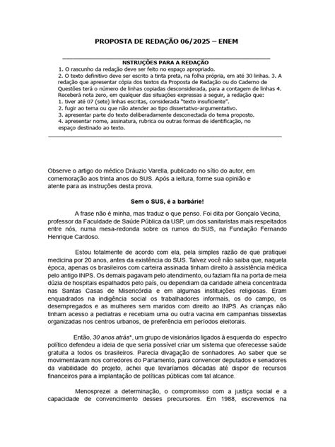 Proposta De Redação Para Enem - Valorização do SUS: Proposta de Redação ENEM 2025 | PDF