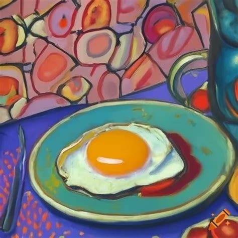 Colorful Still Life Art With Fried Egg And Chopped Tomatoes On Craiyon