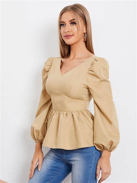 Shein Lantern Sleeve Tied Backless Peplum Top Peplum Top Blouse