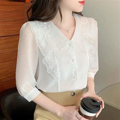 White Lace Chiffon Blouse Women Korean Style Lapel 34 Sleeve Belly