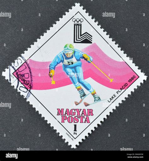 Cancelled Postage Stamp Printed By Hungary That Shows Downhill Skiing