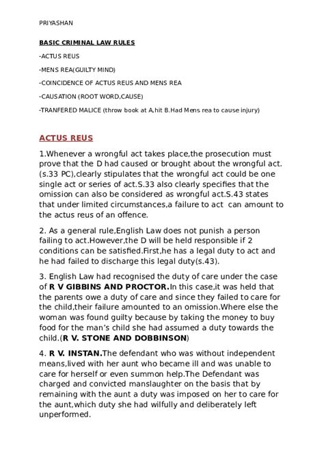 (DOC) BASIC CRIMINAL LAW RULES -ACTUS REUS -MENS REA(GUILTY MIND ...