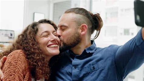 Comic Couple Taking Funny Selfie With Phone Peace Hand Sign With Smile