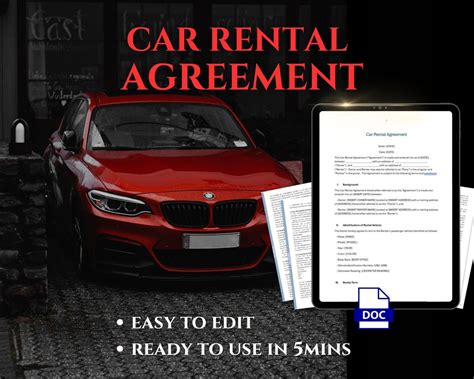 Car Rental Agreement Car Rentals Contract Vehicle Rentals Contract Legal Editable Word File