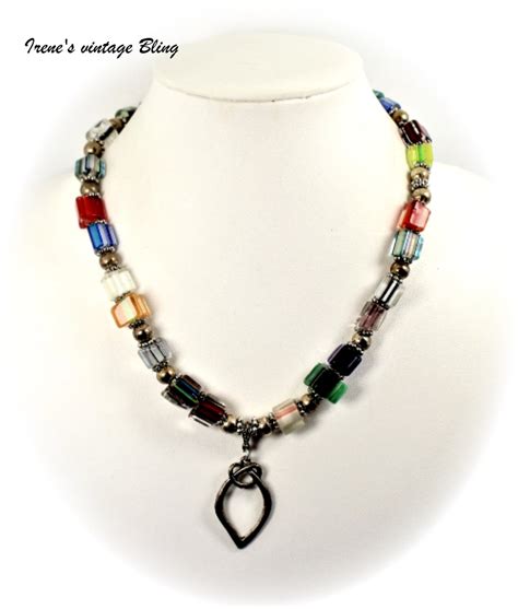 Vintage Necklace Art Glass Bead Necklace Rainbow Multi Color Glass 20