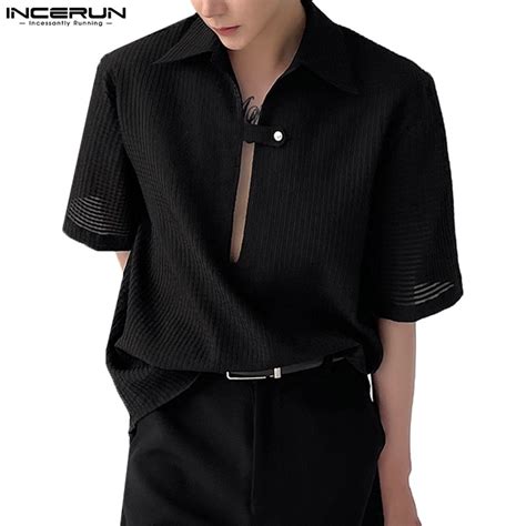 INCERUN Mens Short Sleeve See Through Mesh Collared Solid Deep V Polo