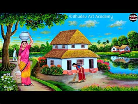 Beautiful Village Landscape Scenery Painting Tutorial|Village Scenery ...