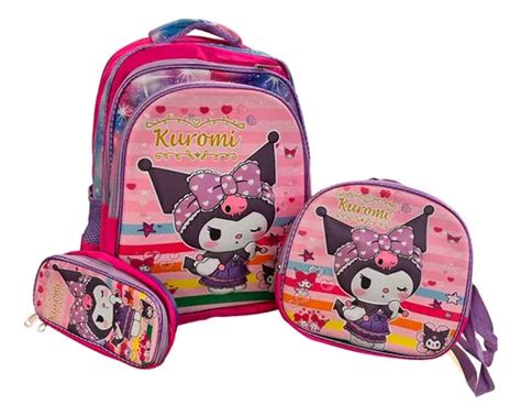 Set Mochila Escolar Lapicera Lonchera Kuromi Sanrio 3d Con Luz Led